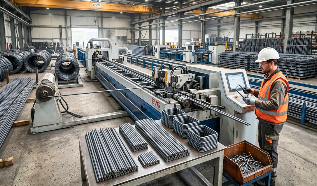 How does automated rebar cutting and bending reduce material waste?