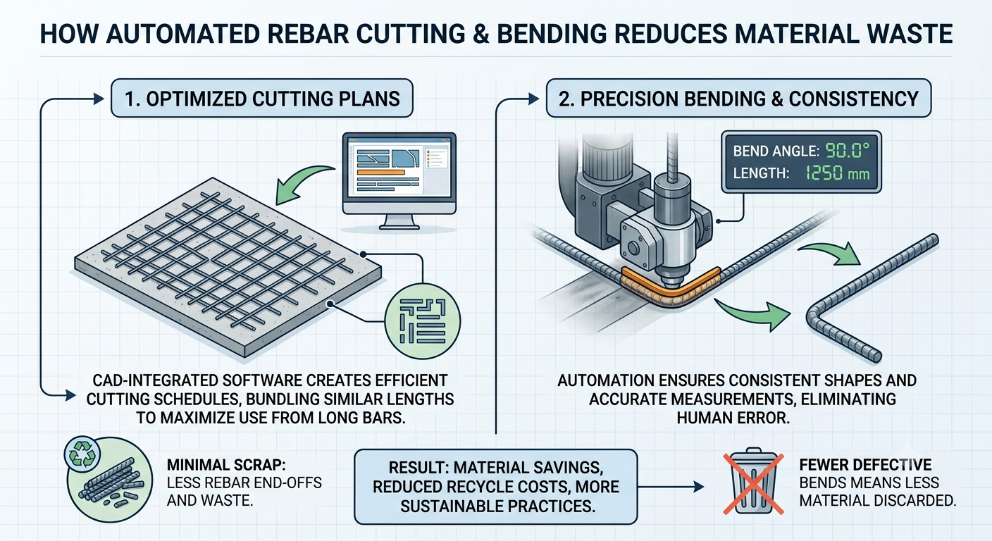 How does automated rebar cutting and bending reduce material waste